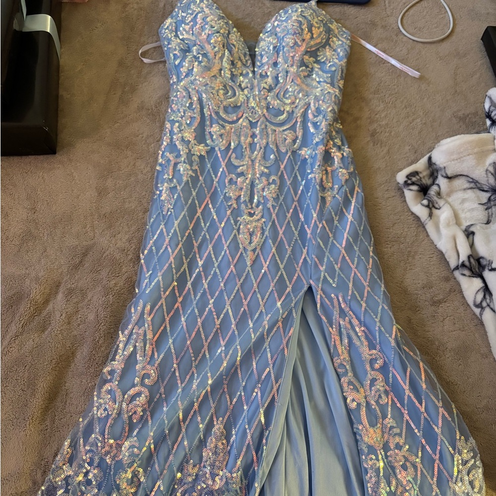 Elegant Strapless Blue Dress with Pink Embellishments